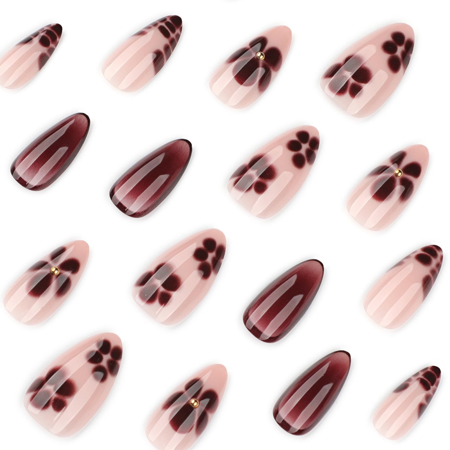 LBPEPAMZ 24Pcs Brown Flower Press on Nails Medium Almond Fake Nails with 3D Gold Beads Design Crocodile Pattern French Tip Acrylic False Nails Winter Autumn Pink Full Cover Stick on Nails for Women
