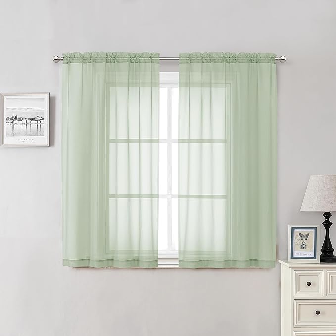 Lecloud Light Green Sheer Curtains 54 Inch Length 2 Panels, Voile Bedroom Curtains for Windows, Airy Lightweight Dual Rod Pocket Curtain Drapes Window Treatments, Each Panel 42 X 54 Inch