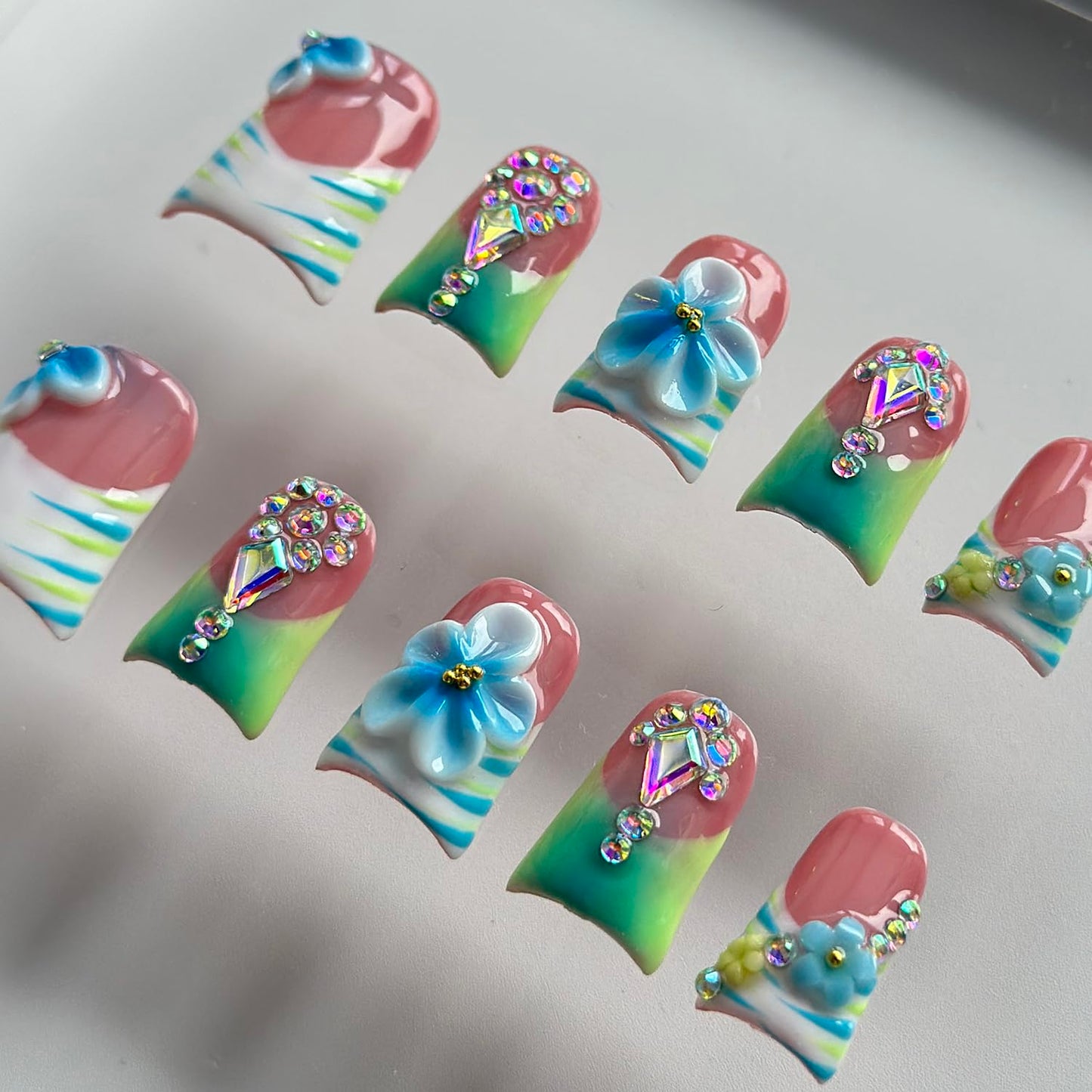 Luxury Press on Nails Short Duck Handmade 3D Unique Reusable ABS Material Fake Nails French Tip False Nails with Designs Floral Rhinestones Blue&Green Glossy Glue on Thick Acrylic Nails(S)