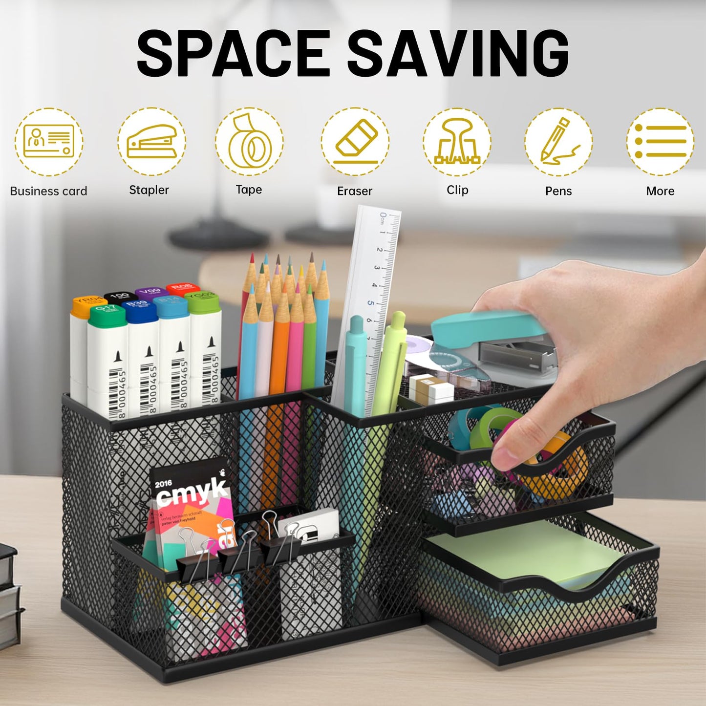 ReePlan Mesh Desk Organizer, Pen Organizer with 2 Drawers and 5 Compartments, Versatile Pen Holder for Small Space, Desk Organizers and Accessories for School Office Supplies, Black