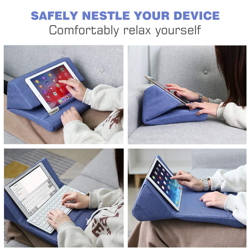 Moko Tablet Pillow Stand, Soft Bed Pillow Holder Xmas Gift for up to 11" Pad, Fits iPad 10.2"(9th Gen), New iPad mini 6 8.3" Air 4/3, iPad Pro 11/10.5/9.7, Mini 5 4, Galaxy Tab S6/S7 11", Denim Blue