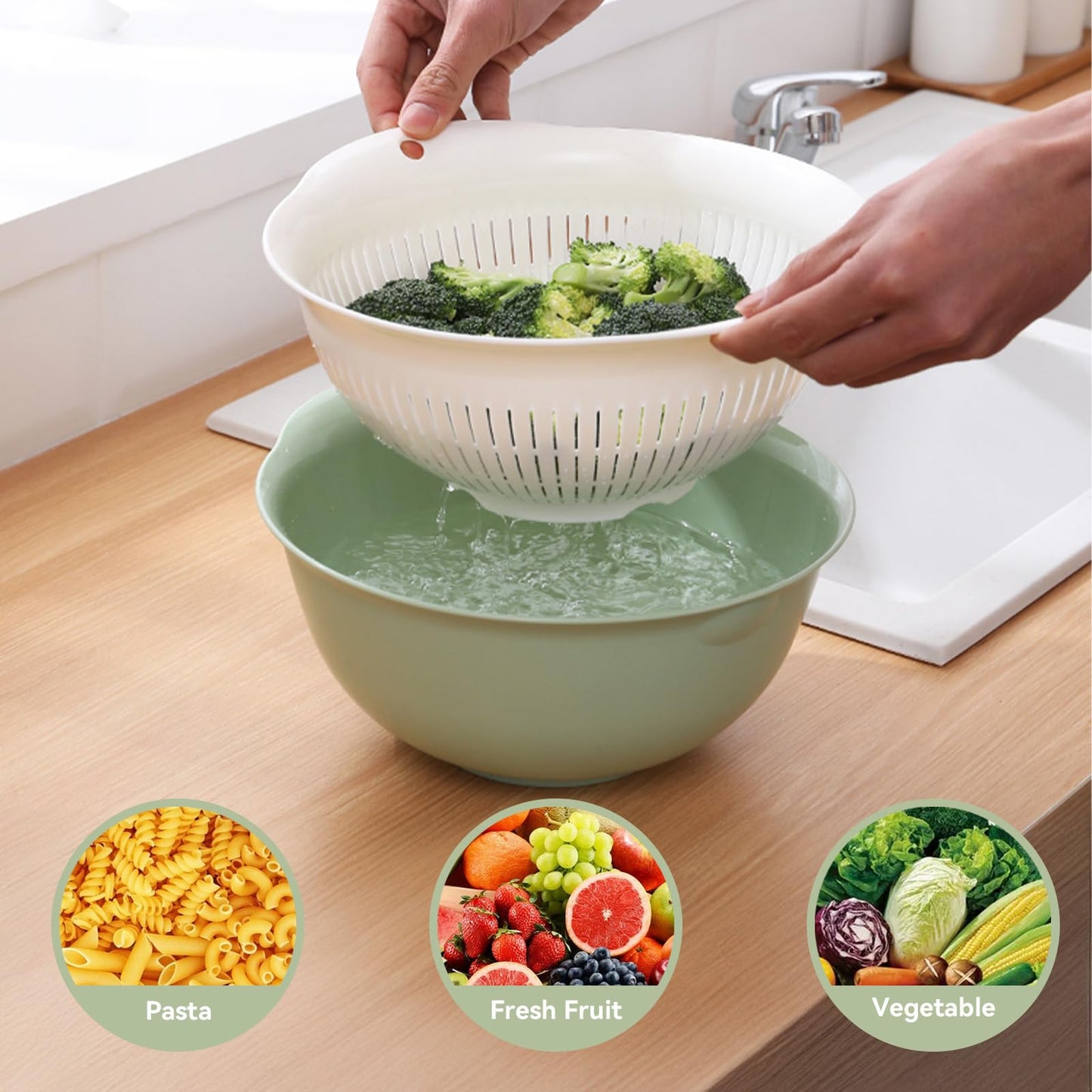 LUMUMIX Colander Bowl Set of 2, Nesting Large Capacity Plastic Food Strainer for Pasta, Vegetables and Fruits Washing Draining Basket, Space Saving, BPA Free