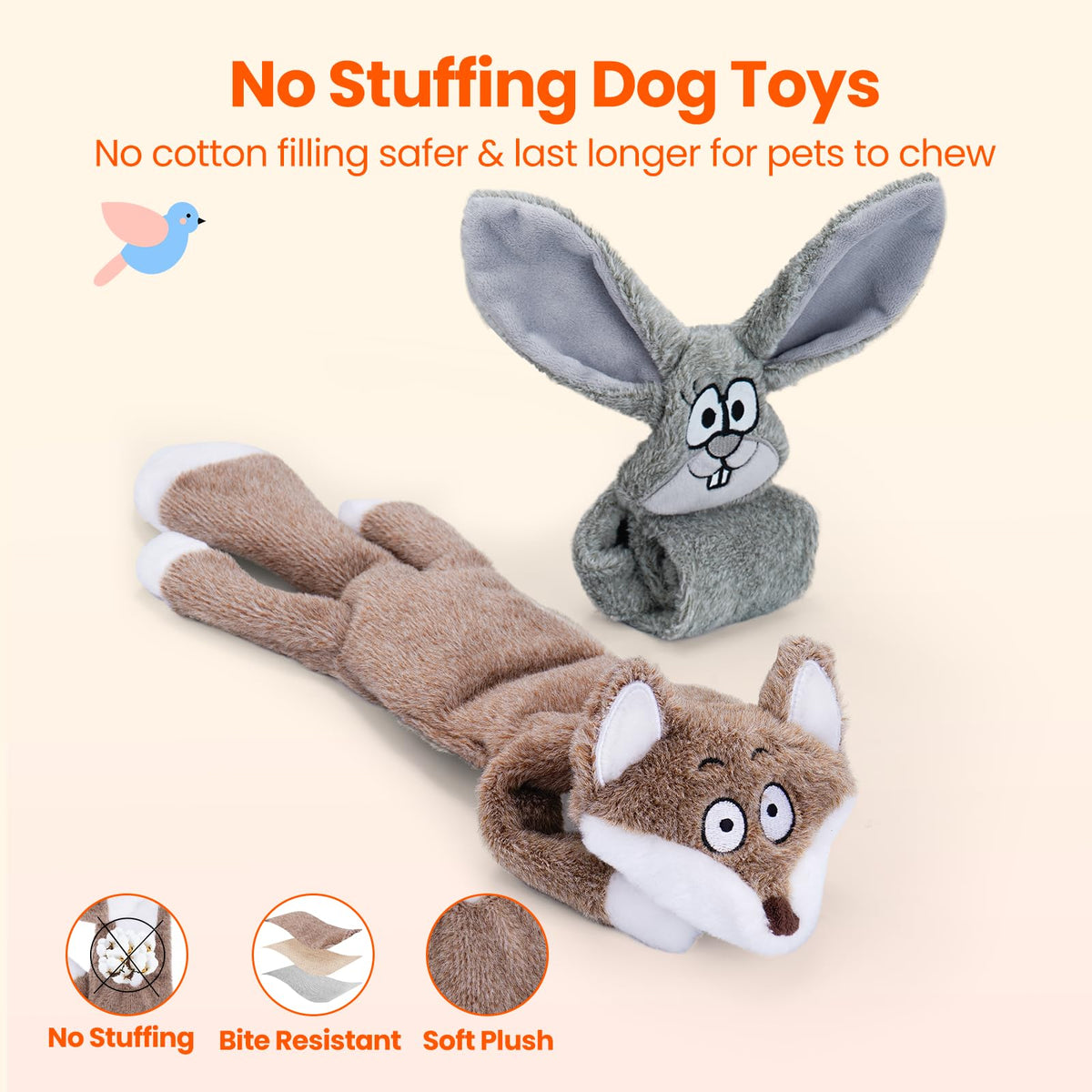 HGB No Stuffing Dog Toys for Chewers, Squeaky Crinkle Plush Dog Toys to Keep Them Busy & Puppy Teething for Small, Medium, Large Breed, Interactive Tug Throw Play, Cute Bunny & Redfox