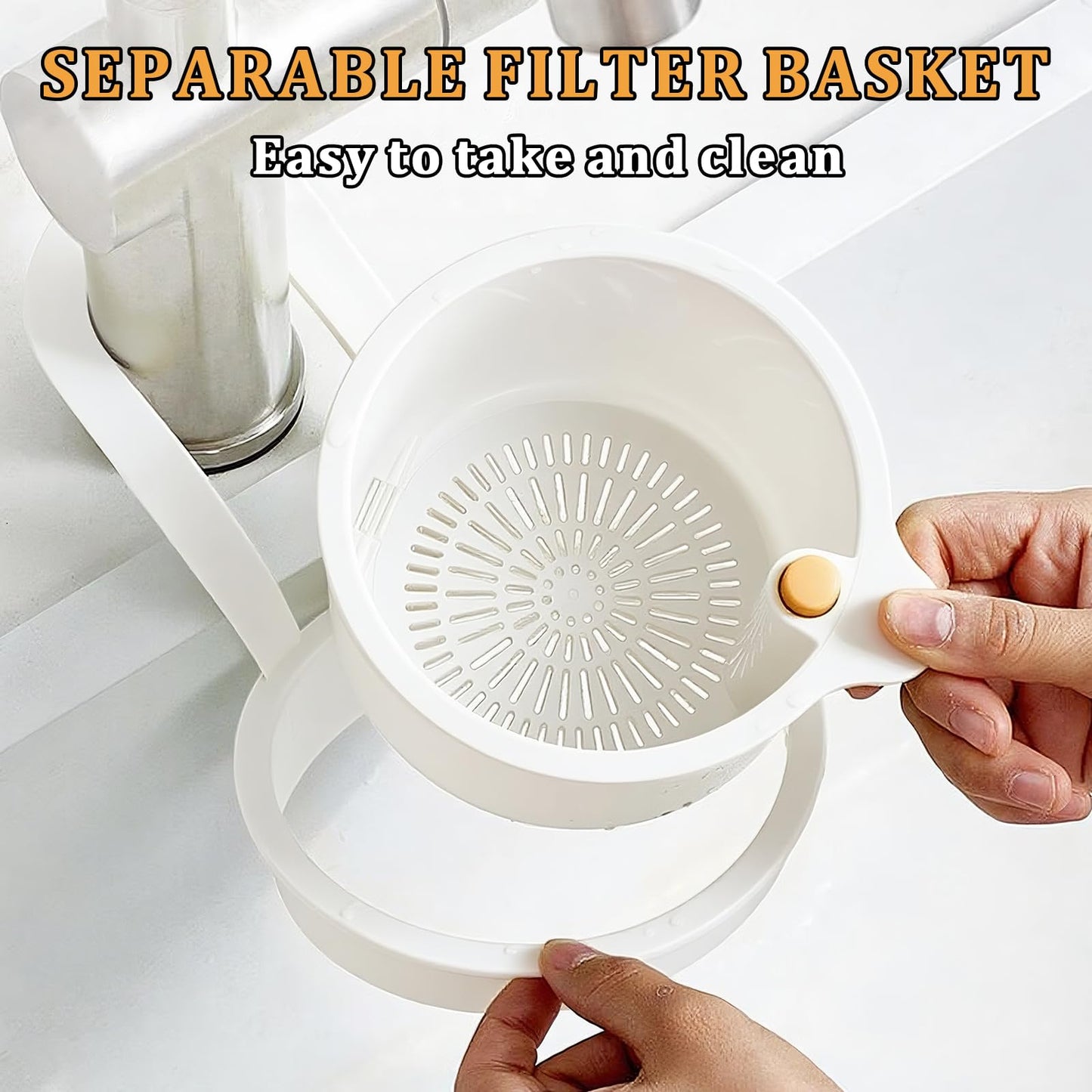 Sink Strainer Basket with One-Touch Drain Mesh, Snap-On Strap & Detachable Design – Kitchen Sink Food Scrap Filtering Storage Organizer (White)