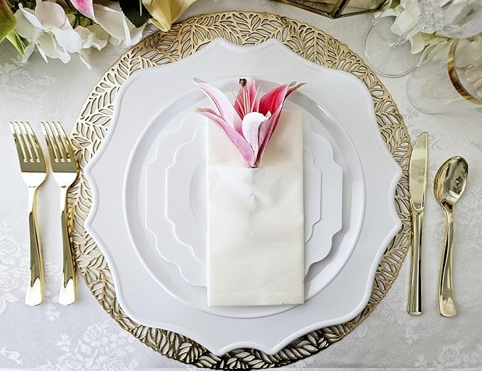 " OCCASIONS " 20 Pieces 13.25'' Scalloped Disposable/Reusable Plastic Charger Plates for Wedding, (Scalloped Imperial Plain White)
