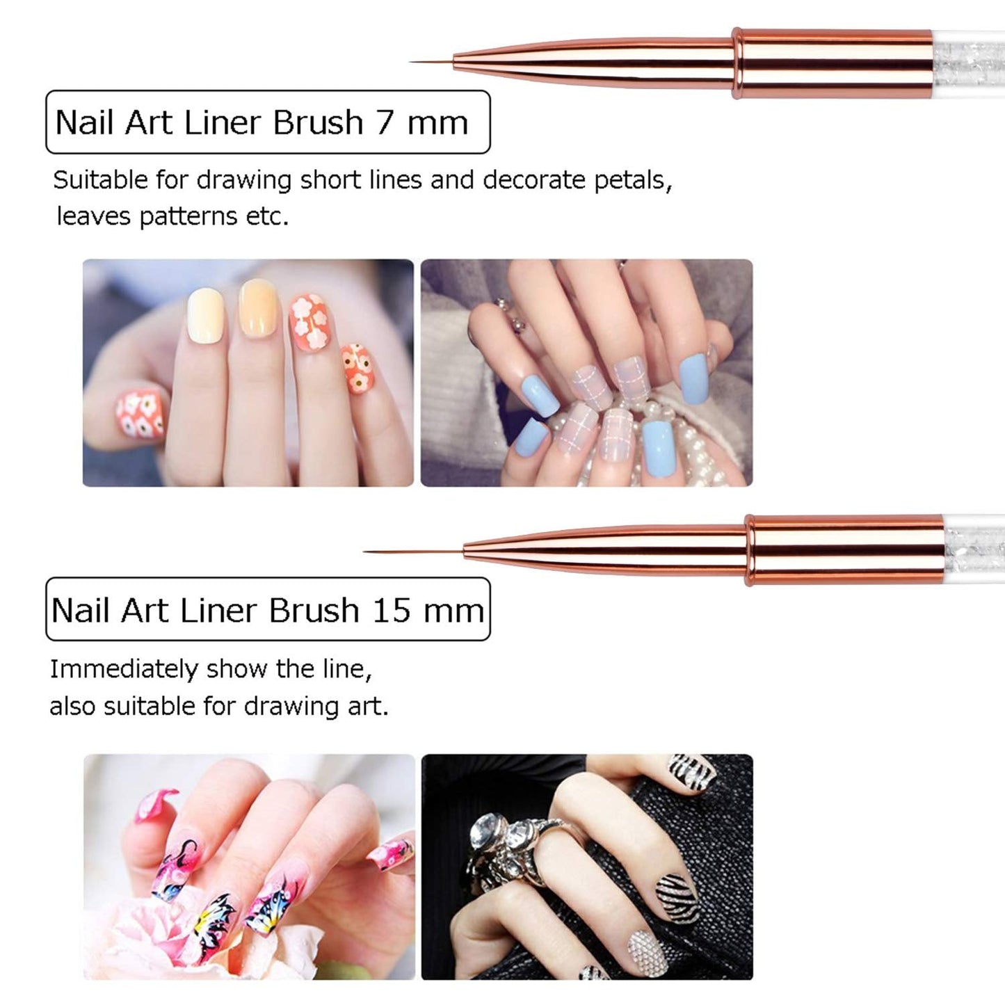 Ycyan 5pc Nail Art Brush Set - Rose Gold Rhinestone Handles with Gel Polish, Liner, Drawing Brushes for Salon & DIY Manicure