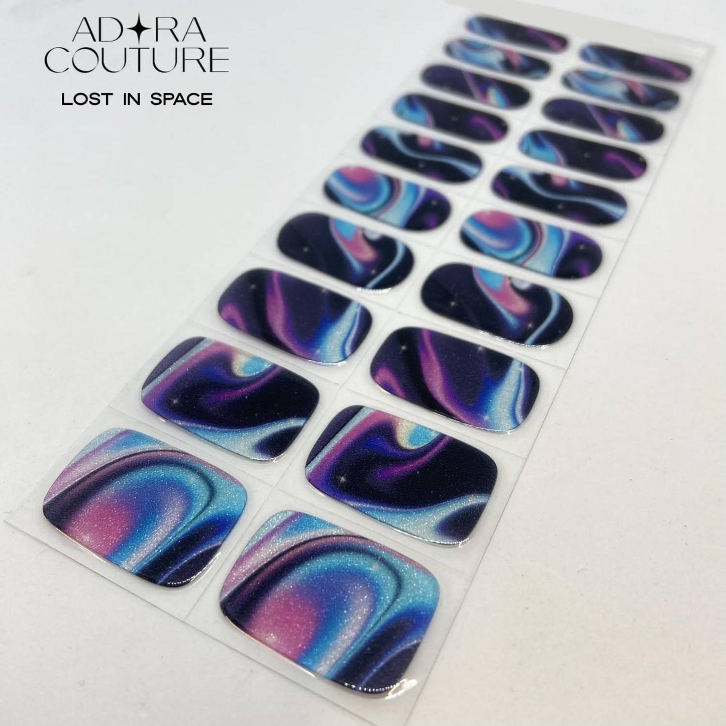 Adora Couture Semi Cured Gel Nail Strips with 20 Pieces - UV Gel Stickers, Manicure Kit, Easy Application Wraps Includes Prep Pads, Nail File, Wooden Stick - UV Light Required (Lost in Space)