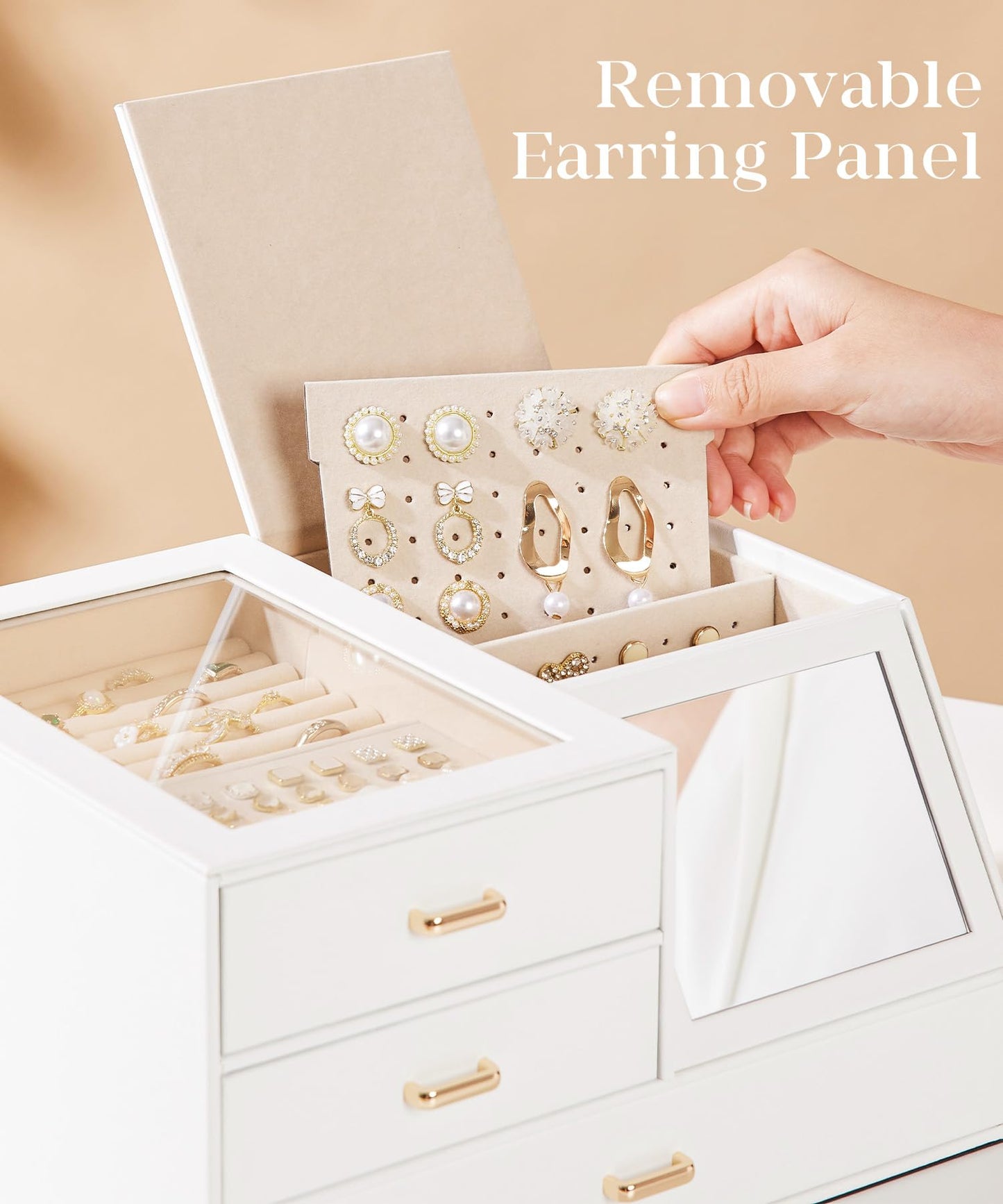 Homde Women Mirror Jewelry Box: Organizer Case with Clear Lid for Ring Necklace Earring - Gift for Young Women (White)