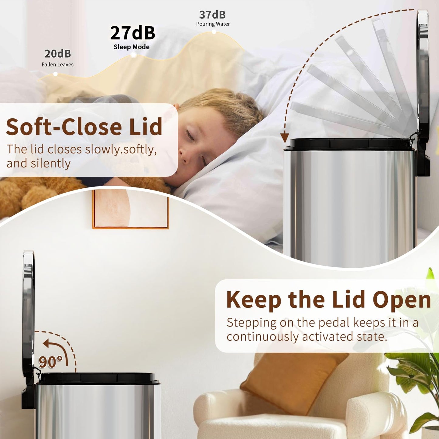PayLessHere Trash Can with Lid, 13 Gallon (50L) Stainless Steel Kitchen & Office Recycling Bin with Foot Pedal Soft Close & Inner Bucket