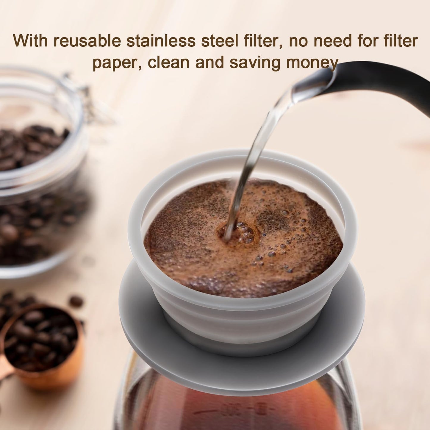 VVGCS Set of 2 Paperless Collapsible Travel Pour Over Coffee Dripper Kit - Silicone Travel Pour Over Coffee Maker Camping - Collapsible Coffee Filter with Stainless Steel Filter (Brown+Grey)