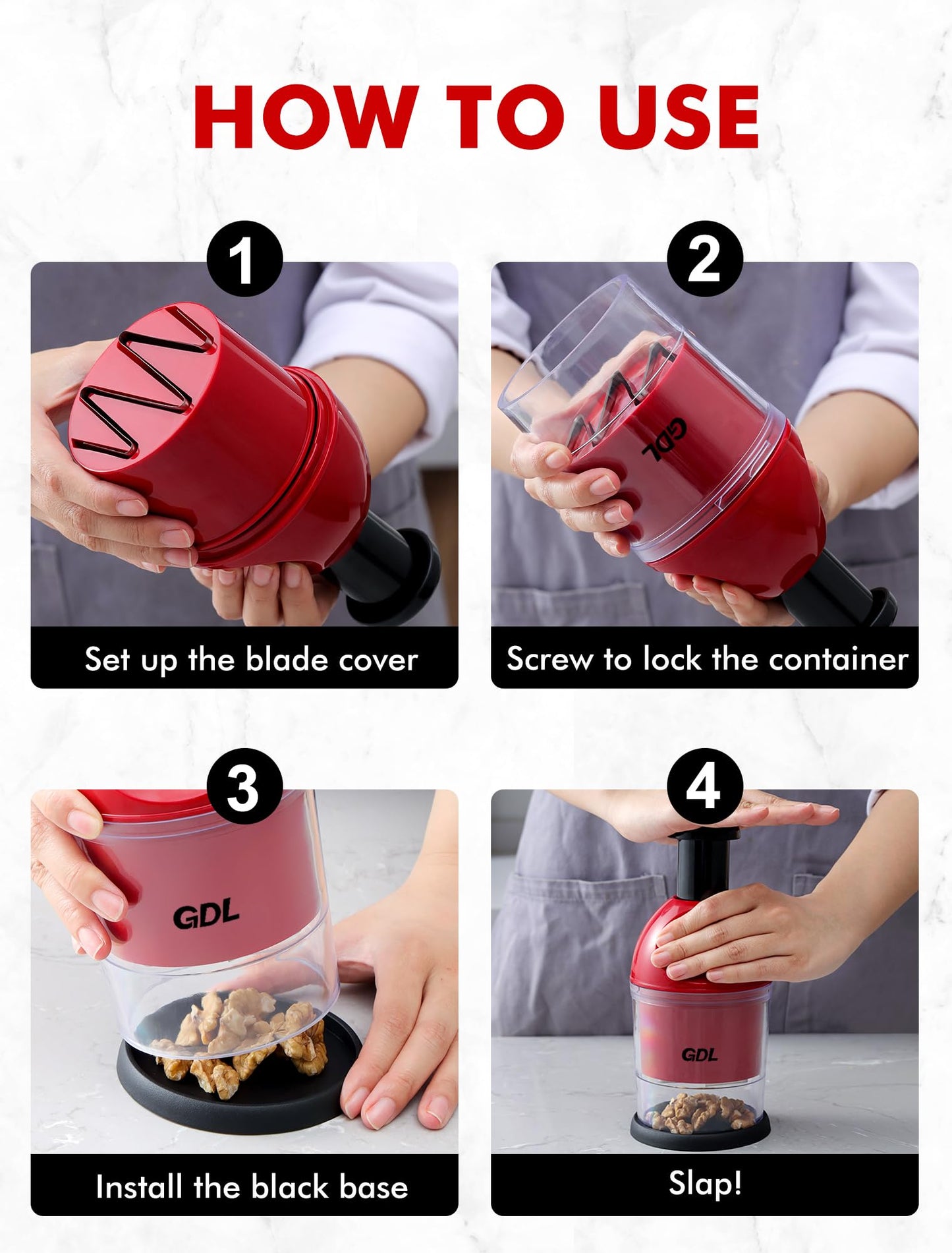 Food Chopper, Hand Chopper Dicer Easy to Clean, Manual Slap Vegetable Cutter Onion Dicer, Garlic Mincer for Onion, Nut, Tomato, Pepper, Celery, etc, Red