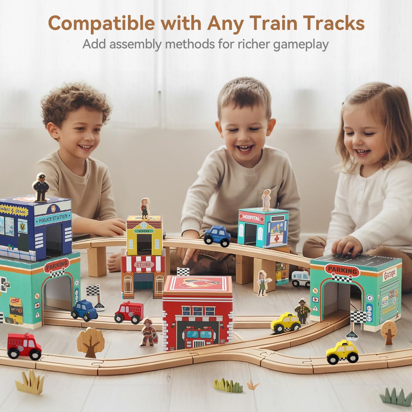 3-in-1 Sorting and Stacking Toys for Toddlers | Wooden Community Helpers, Nesting Boxes & Vehicle Track | Montessori Preschool Learning Toys Gift for 2 3 4 Year Old Boys Girls
