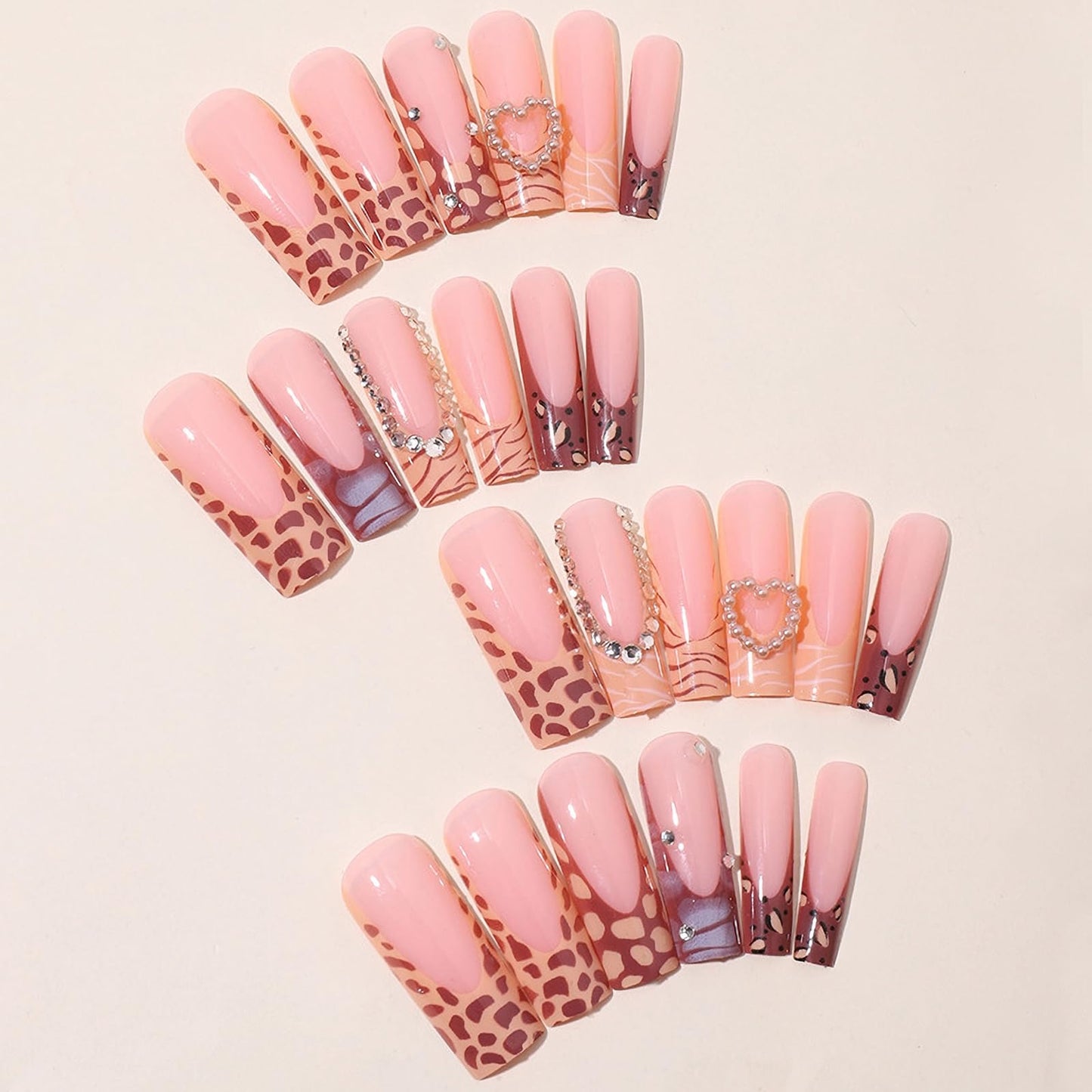 MISUD Press on Nails - Long Square Glue on Nails with Cheetah, Acrylic Fall Brown Design 24 pcs