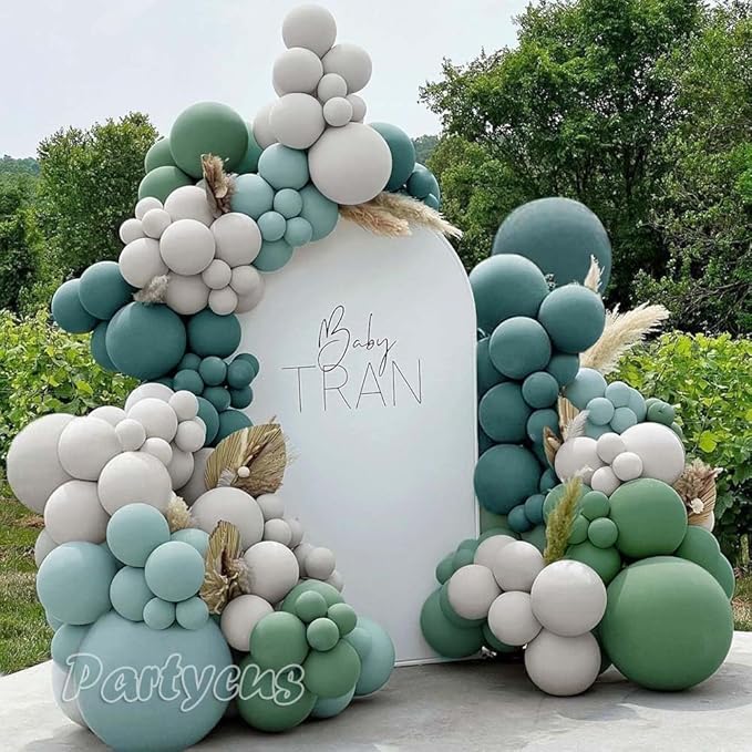 Dusty Blue & Sage Green Balloon Arch Kit, Double Stuffed – Slate Blue, Teal, Dusty Green & White Matte Latex Balloons for Baby Shower, Birthday & Wedding