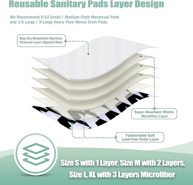 wegreeco Reusable Menstrual Pads - Reusable Sanitary Pads | Reusable Panty Liners | Soft Cloth Menstrual Pads - 6 Pack with 1 Cloth Wet Bag (Medium, Kilobird Check)