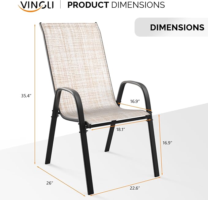 VINGLI Patio Chairs Set of 6 – Stackable Outdoor Dining Chairs with Comfortable Sling High Back Chairs and Armrests for Lawn, Poolside, Courtyard, Balcony, Garden, Yellow