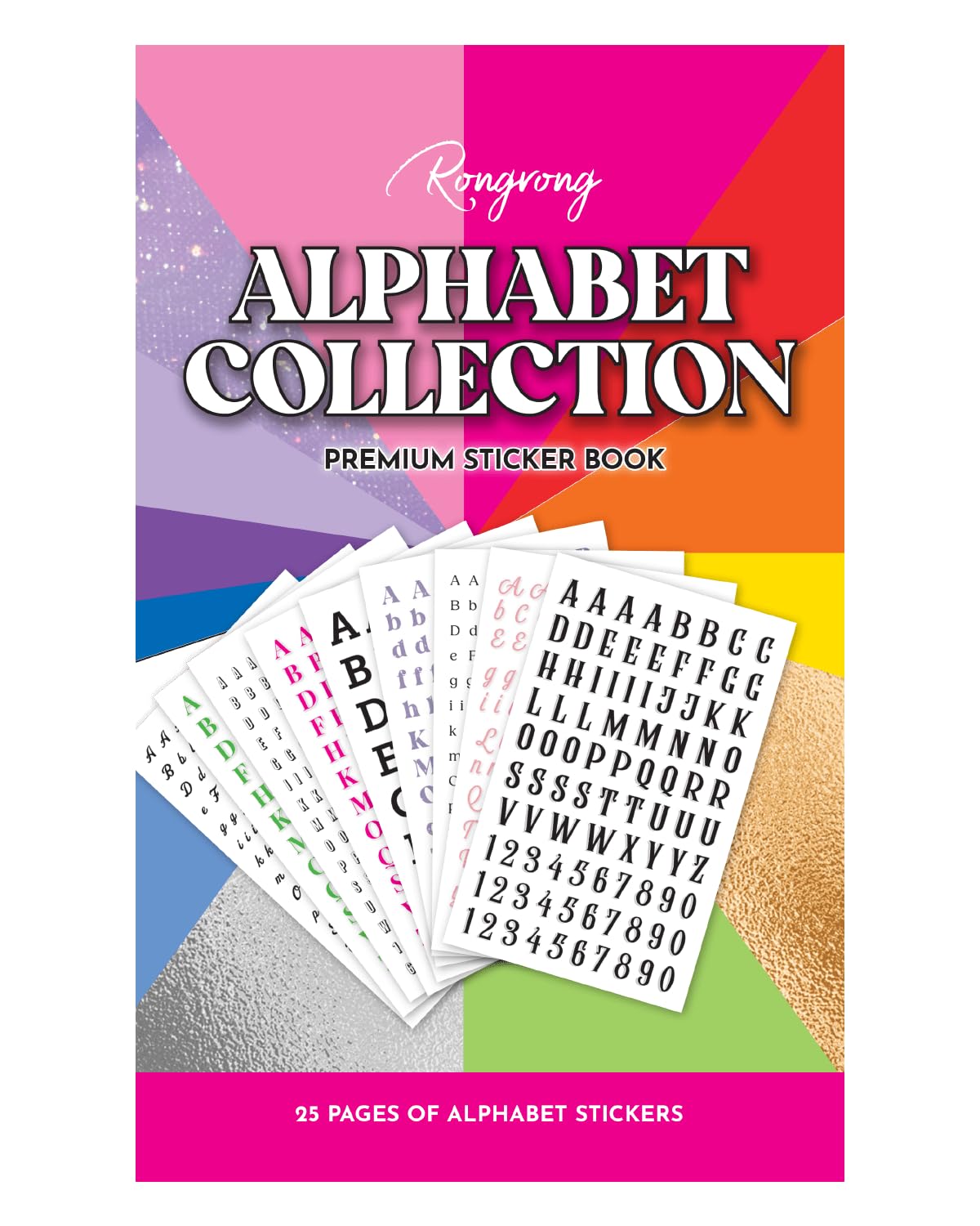 Rongrong Alphabet Collection Sticker Book for Planners, Journals, Scrapbooks – Letters in Multiple Fonts, Sizes & Styles – Perfect for Personalizing Tabs, Labels & Creative Projects - 25 Pages
