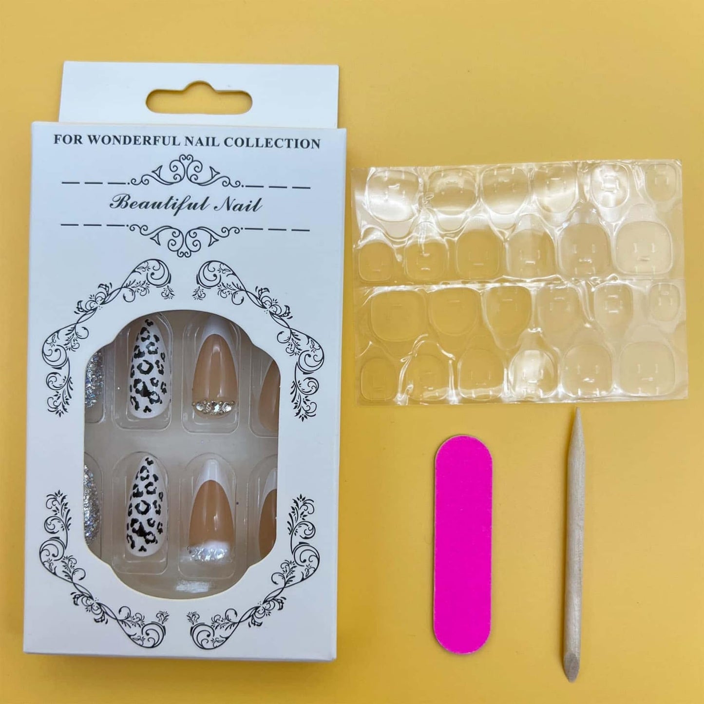 CLYHLTMZ French Tip Press On Nails, Medium Almond Fake Nails - Nude Acrylic False Nails with Leopard Print, Silver Glitter & Rhinestone Accents, Reusable Glue On Nails Kit for Women, 24PCS