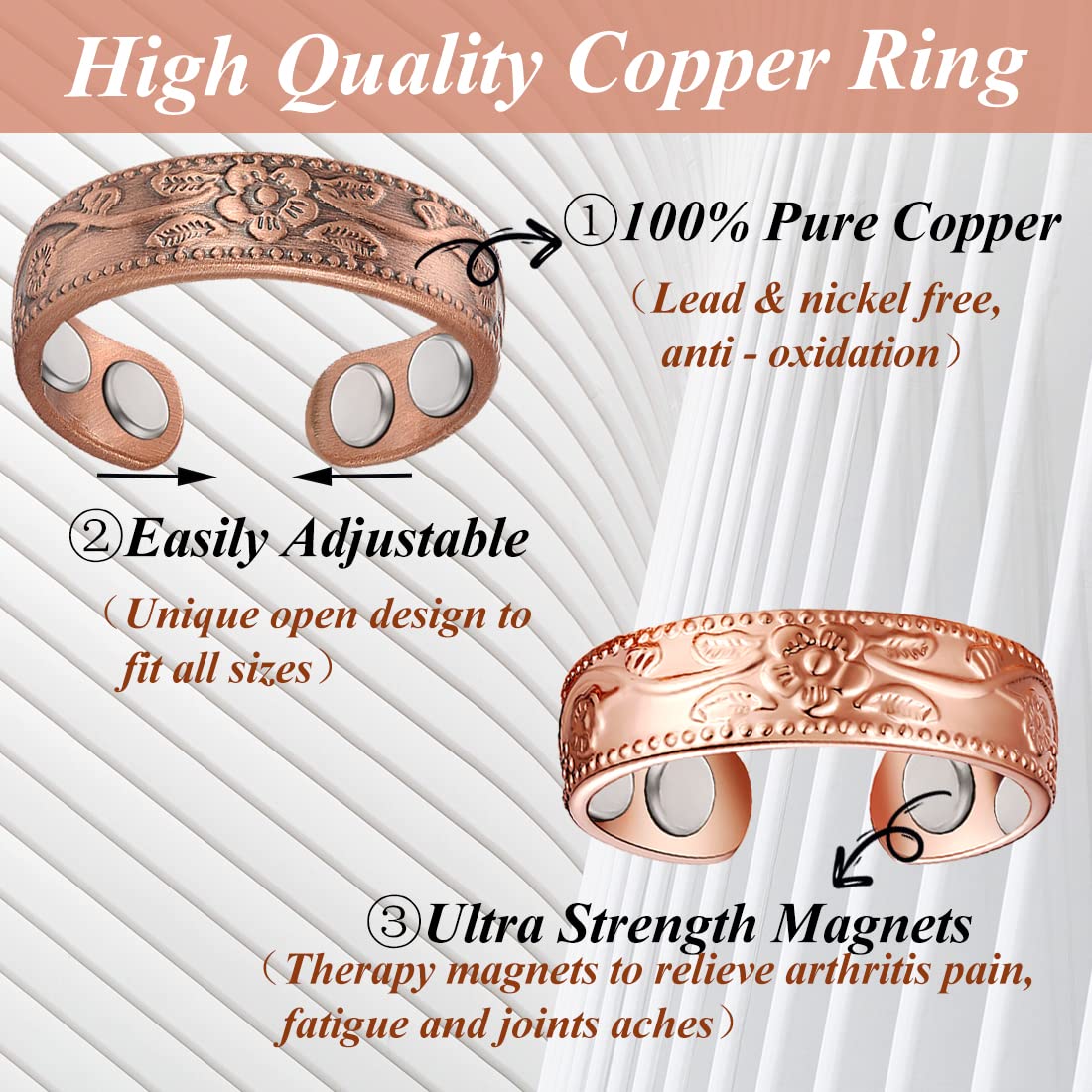 Cigmag 4PCS Copper Rings for Women Pure Copper Magnetic Ring Strong Magnets Adjustable