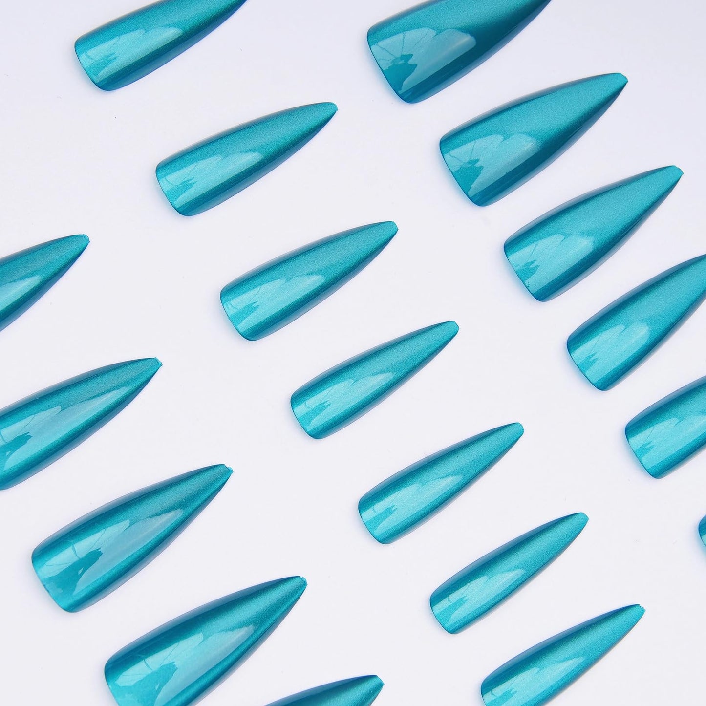 MISUD Press on Nails - Long Stiletto Fake Nails with Summer Green Cat Eye, Acrylic Bling Glitter Teal Design 24 pcs