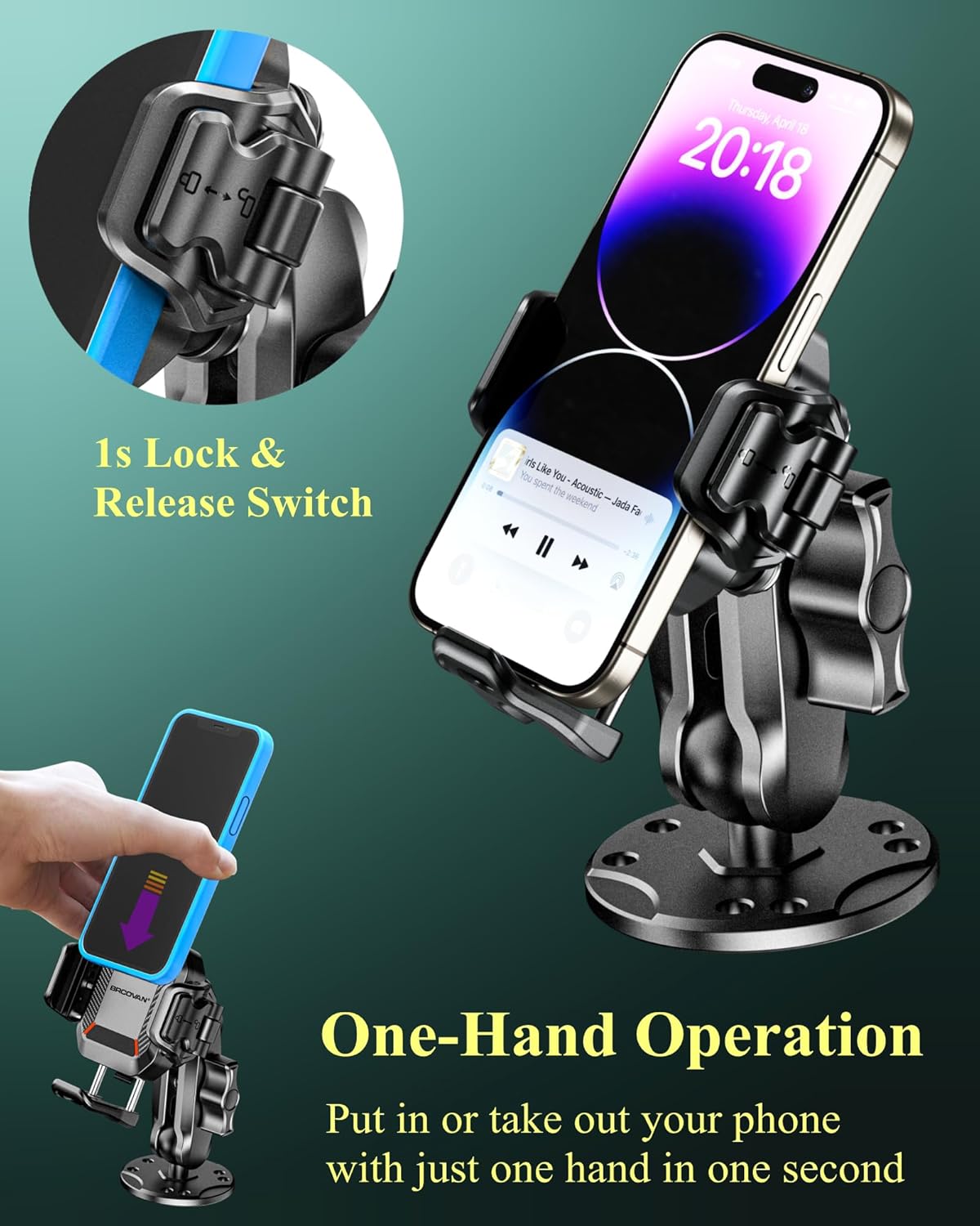 BRCOVAN Anti-Theft Phone Mount Holder with Vibration Dampener [Camera Friendly] [1s Lock & Release] with Aluminum Round Base & Medium Arm, for Car Boat Truck Motorcycle UTV, Fit 5.4-7.2'' Smartphones