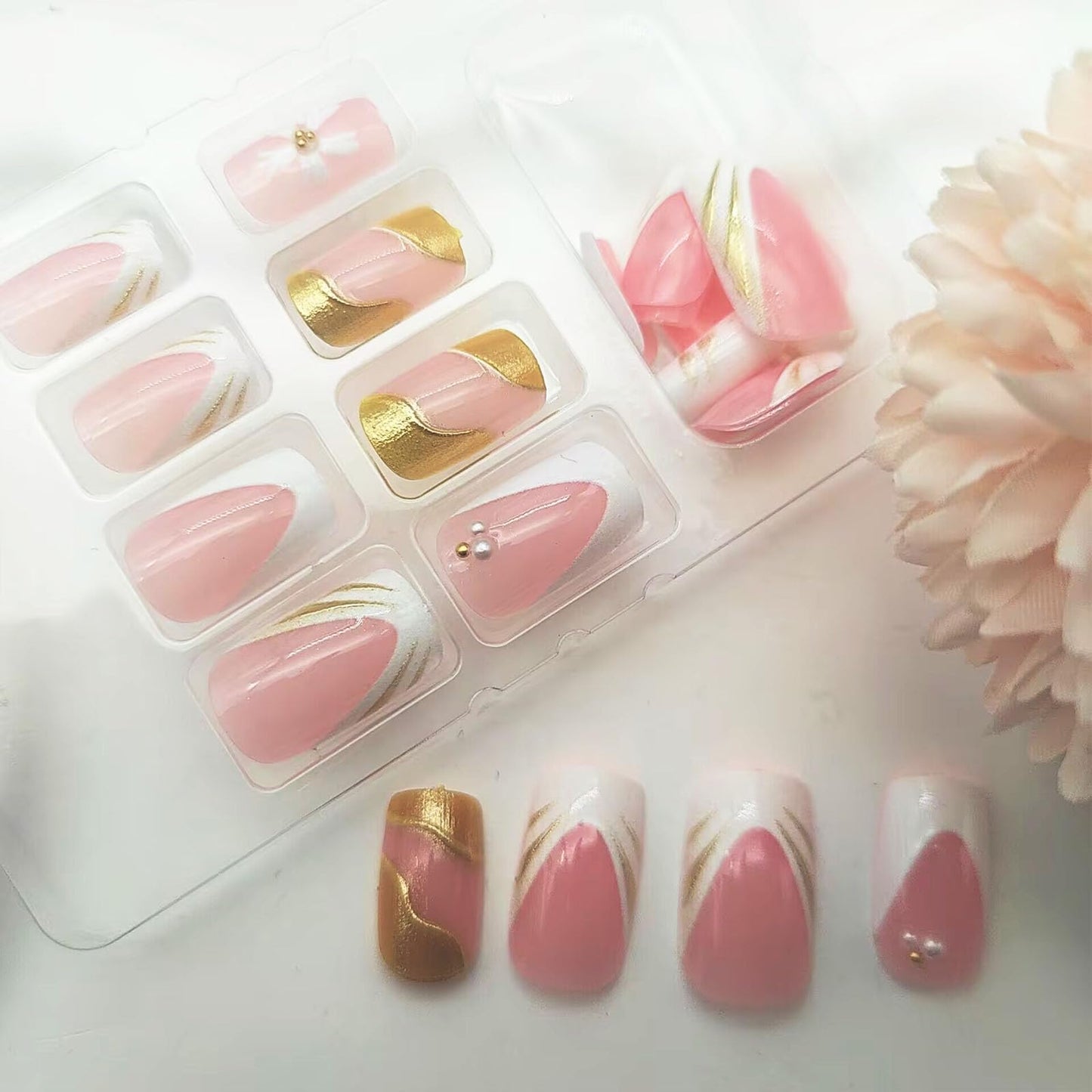 French Tip Press on Nails Medium Square Fake Nails with White Pearl Flower Designs Glossy Nails Press ons Pink Full Cover Glue on Nails Summer Acrylic Artificial Stick on Nails for Women 24Pcs