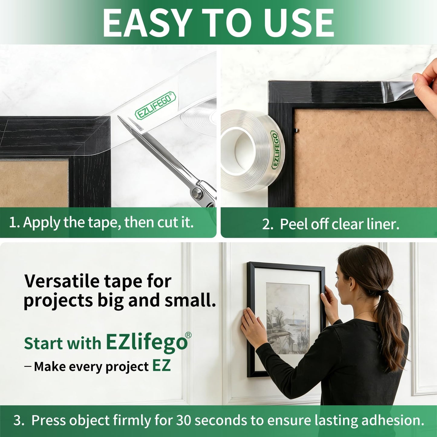 EZlifego Double Sided Tape Heavy Duty, Nano Double Sided Adhesive Tape, Clear Mounting Tape Picture Hanging Adhesive Strips (9.85FT)