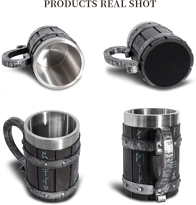 Nordic Viking Rune Beer Mug, Resin Beer Stein Tankard Cup Stainless Steel Wooden Coffee Cool Mug Viking Gift for Men Beer Cup Stein