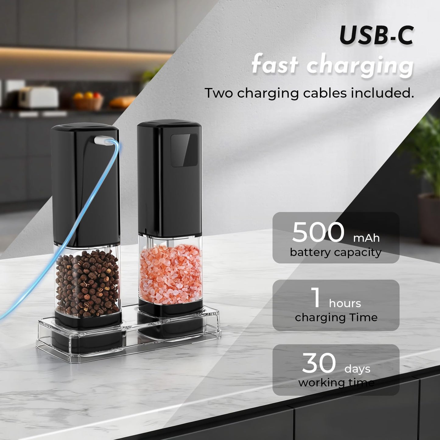 IFONPY Upgraded Larger Capacity Electric Salt and Pepper Grinder Set Rechargeable with Digital Display, Refillable Electric Pepper Grinder Mill Set with Light & Ceramic Core, Adjustable Coarseness