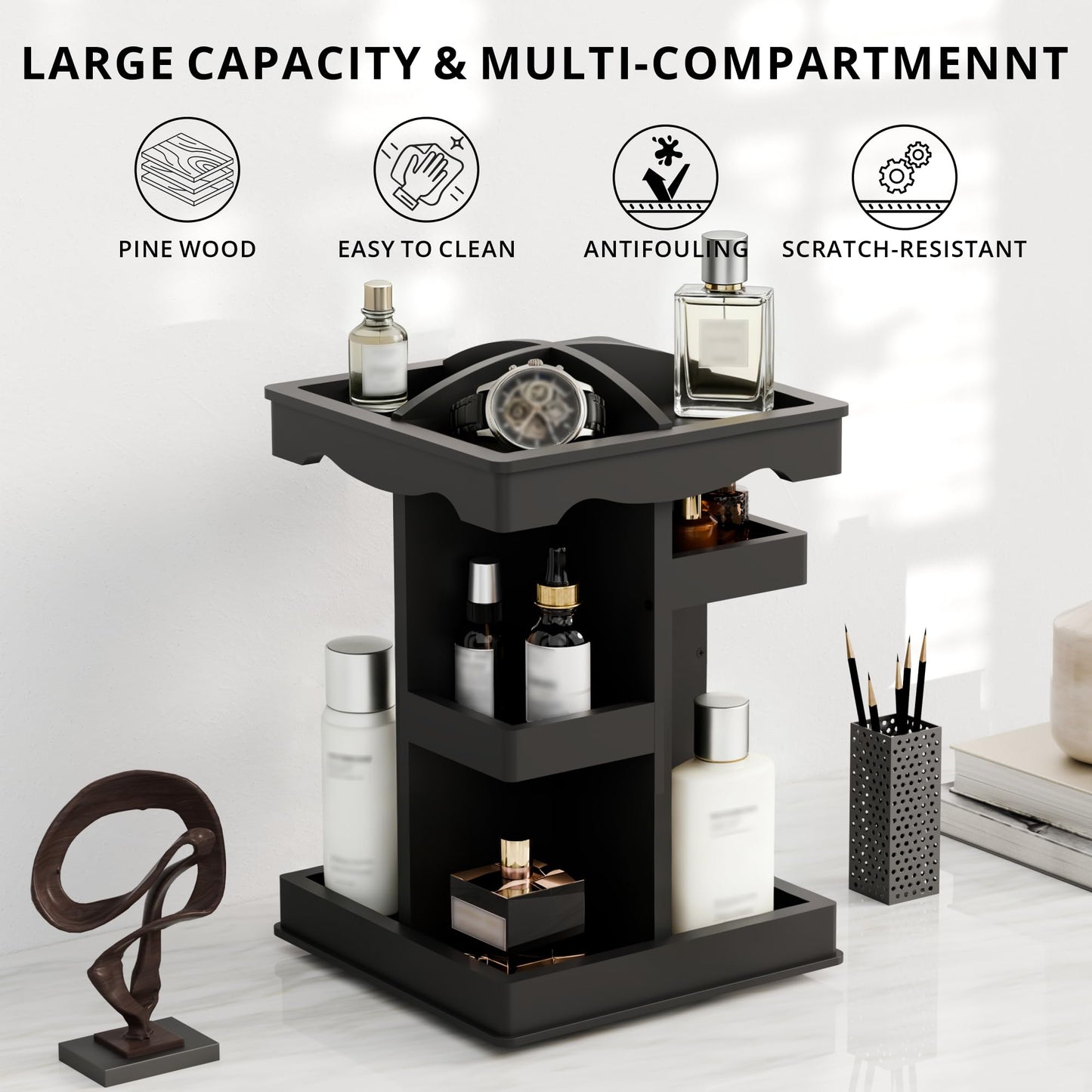 Rotating Cologne Organizer for Men, 3 Tier Wood Cologne Holder Stand with Brush Storage, 360 Spinning Perfume Display Shelf for men's Vanity, Multi-Layer Bathroom Organizers and Storage, Black