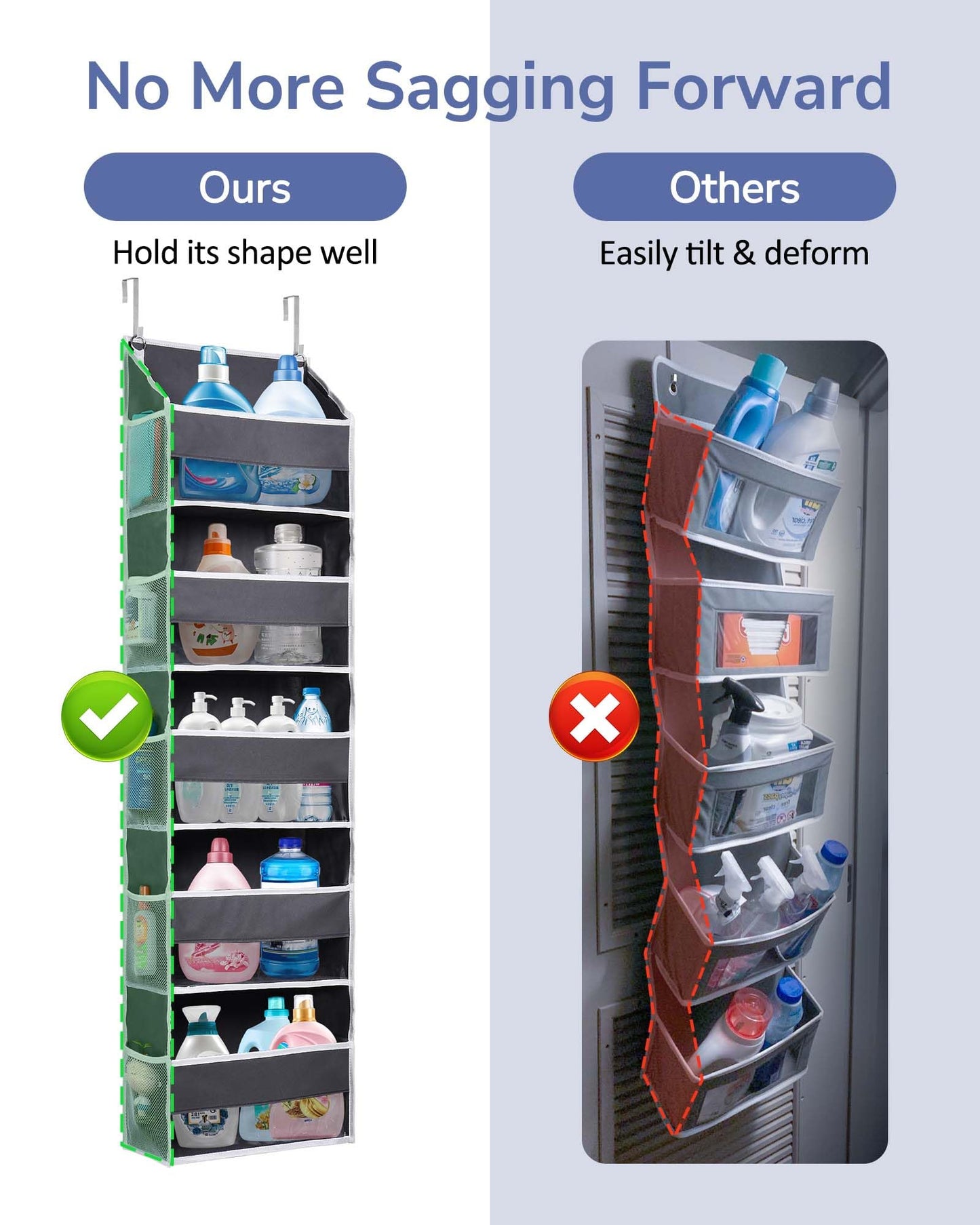 ULG 1 Pack Over Door Organizer with 5 Large and 10 Mesh Side Pockets, 44 lbs Weight Capacity Hanging Storage with Clear Window Kids Toys, Shoes, Diapers, Dark Grey, 5 Layers