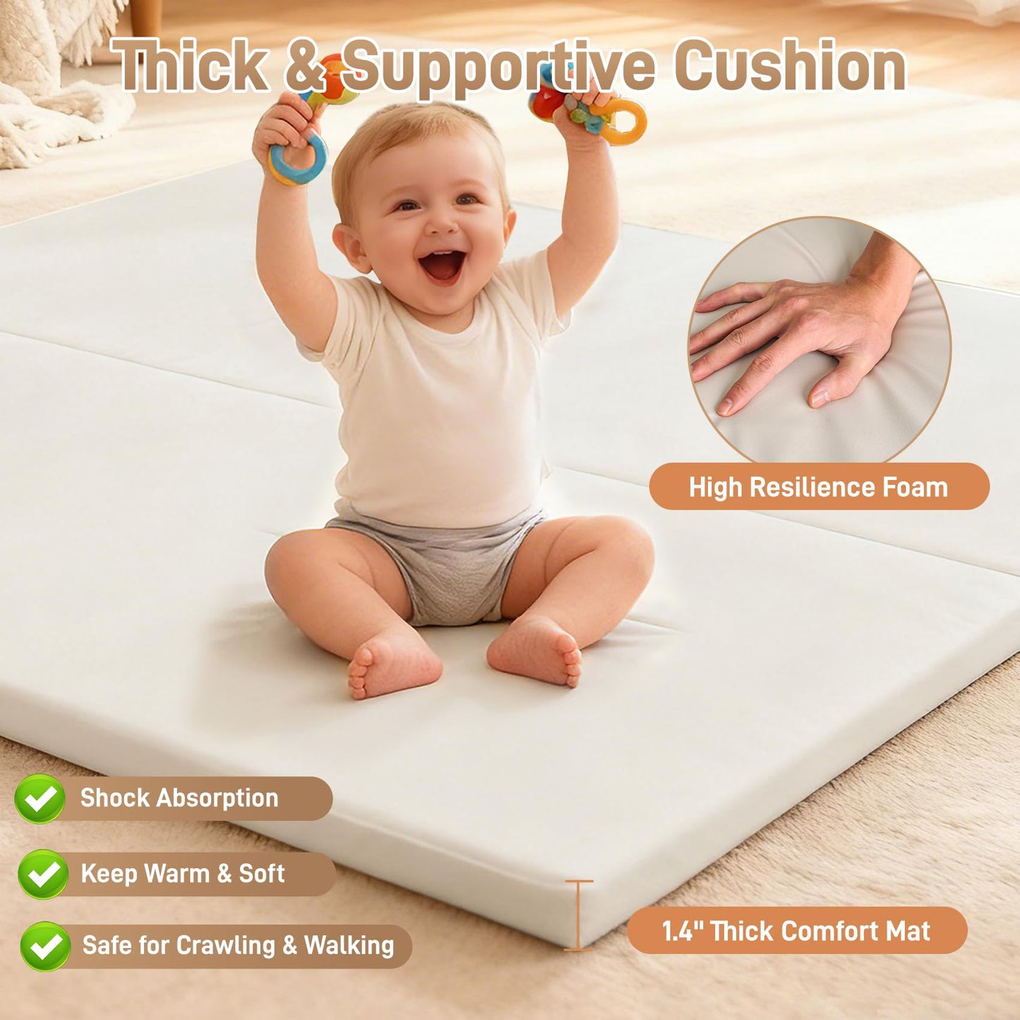 Bootuu Baby Play Mat for Floor 1.4" Thick Memory Foam 50x50 Playpen Mat for Toddlers Infant Kids with Non-Slip Backing Safe for Crawling, Water-Repellent Leather for Tummy Time, Tatami Style(Grey)
