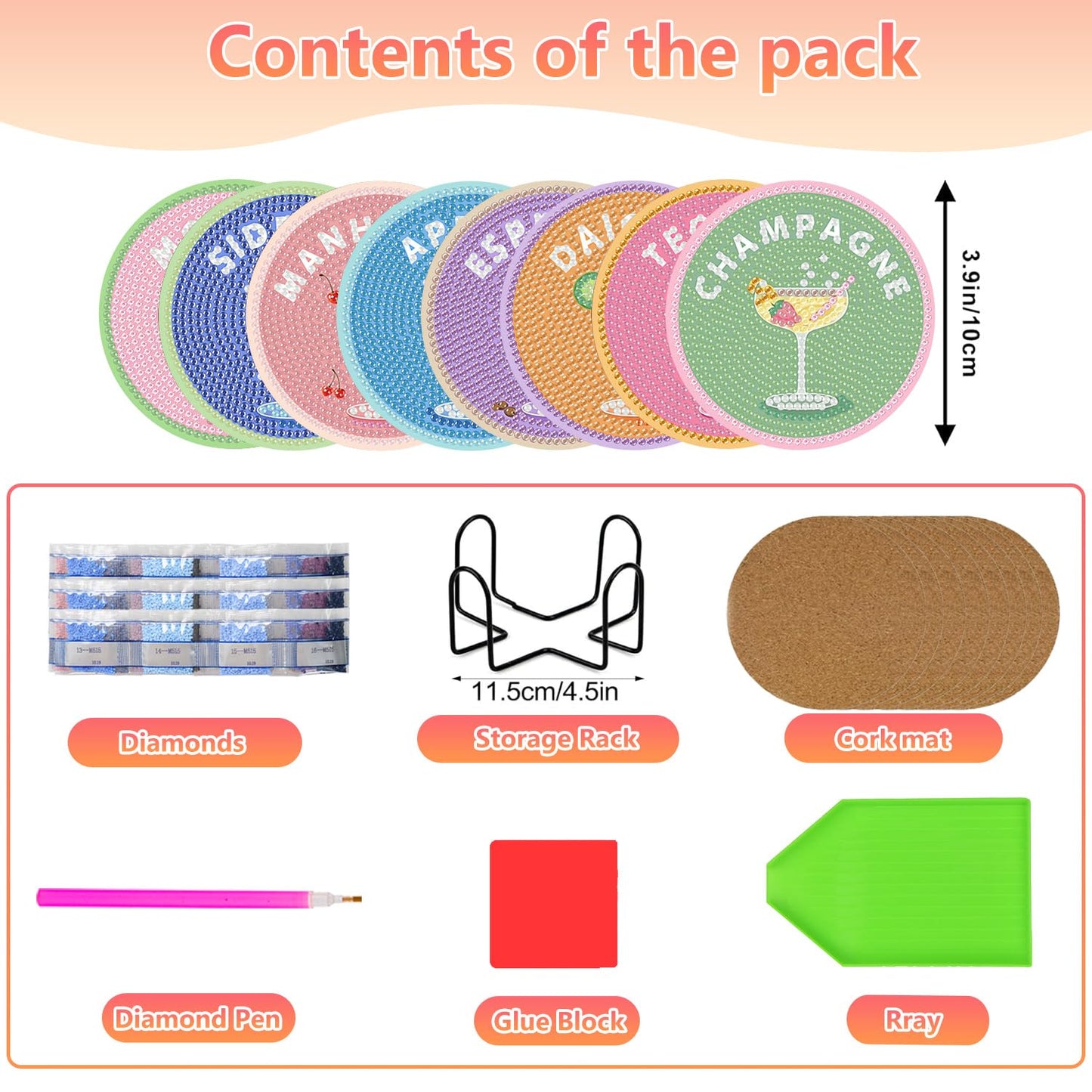 8 Pcs Cocktail Diamond Art Coasters Kit for Adults, Cocktail Diamond Painting Coasters with Holder, 5D Gem Art DIY Crafts Diamond Dots for Gift Life