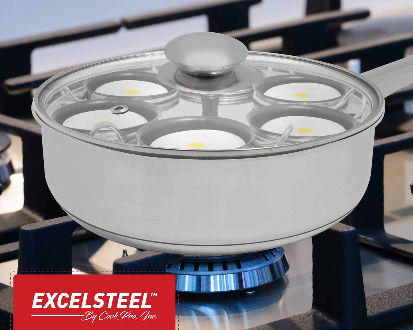 EXCELSTEEL Non Stick Easy Use Rust Resistant Home Kitchen Breakfast Brunch Induction Cooktop Egg Poacher, 6 Cup, Stainless Steel, Round