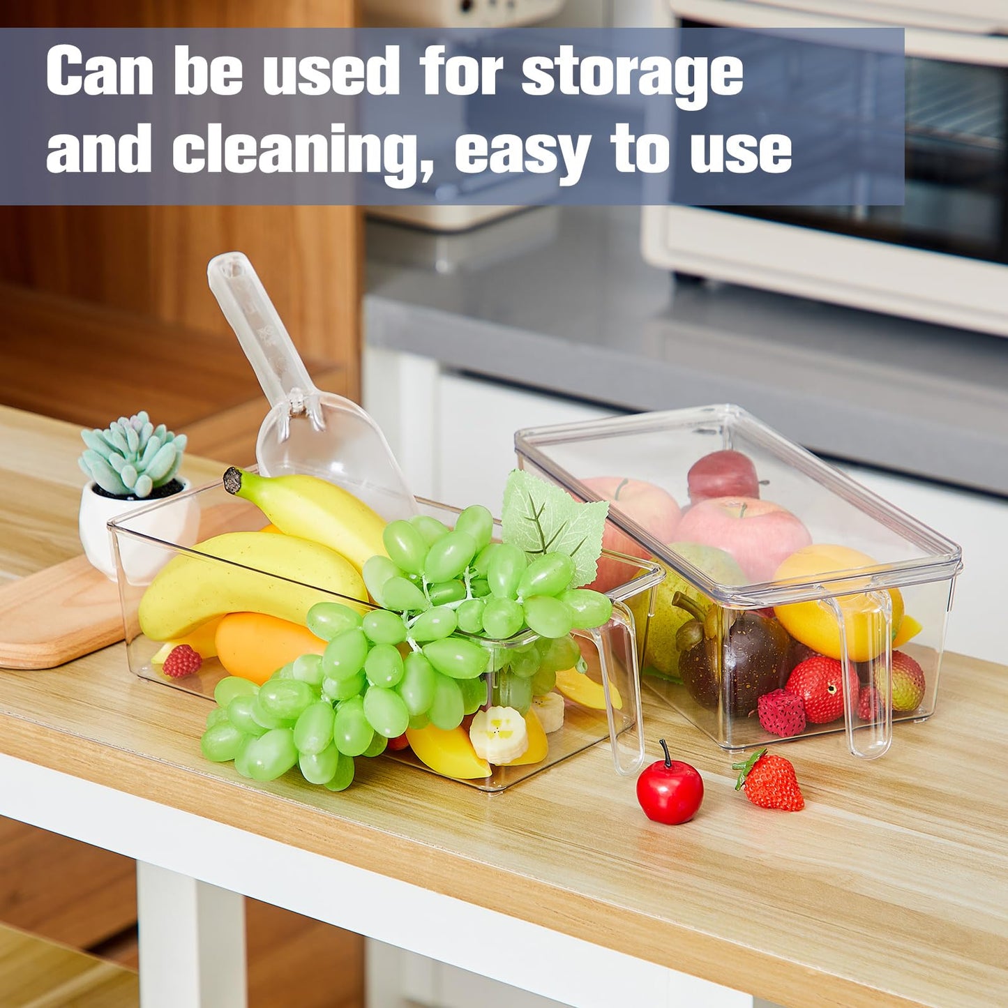 Havawish 2 Pcs Ice Storage Bin for Freezer with Lid and Flexible Scoop Set Plastic Ice Container with Lid Handle for Home Office Fridge Storage (12.4 x 5.91 x 3.94 Inches,Clear)