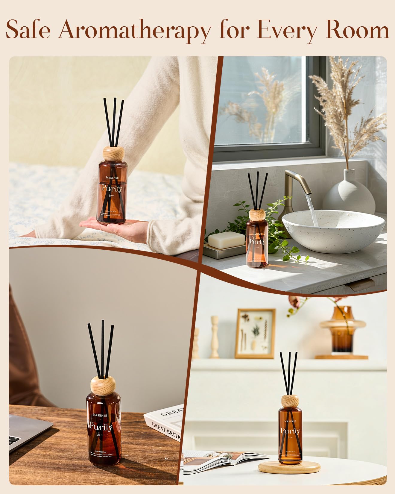 M&SENSE Linen Reed Diffuser: Upgraded Formula 6.3 fl oz Non-Toxic Aroma Set with Sticks, Long-Lasting Natural Essential Oil Gifts for Home, Bedroom