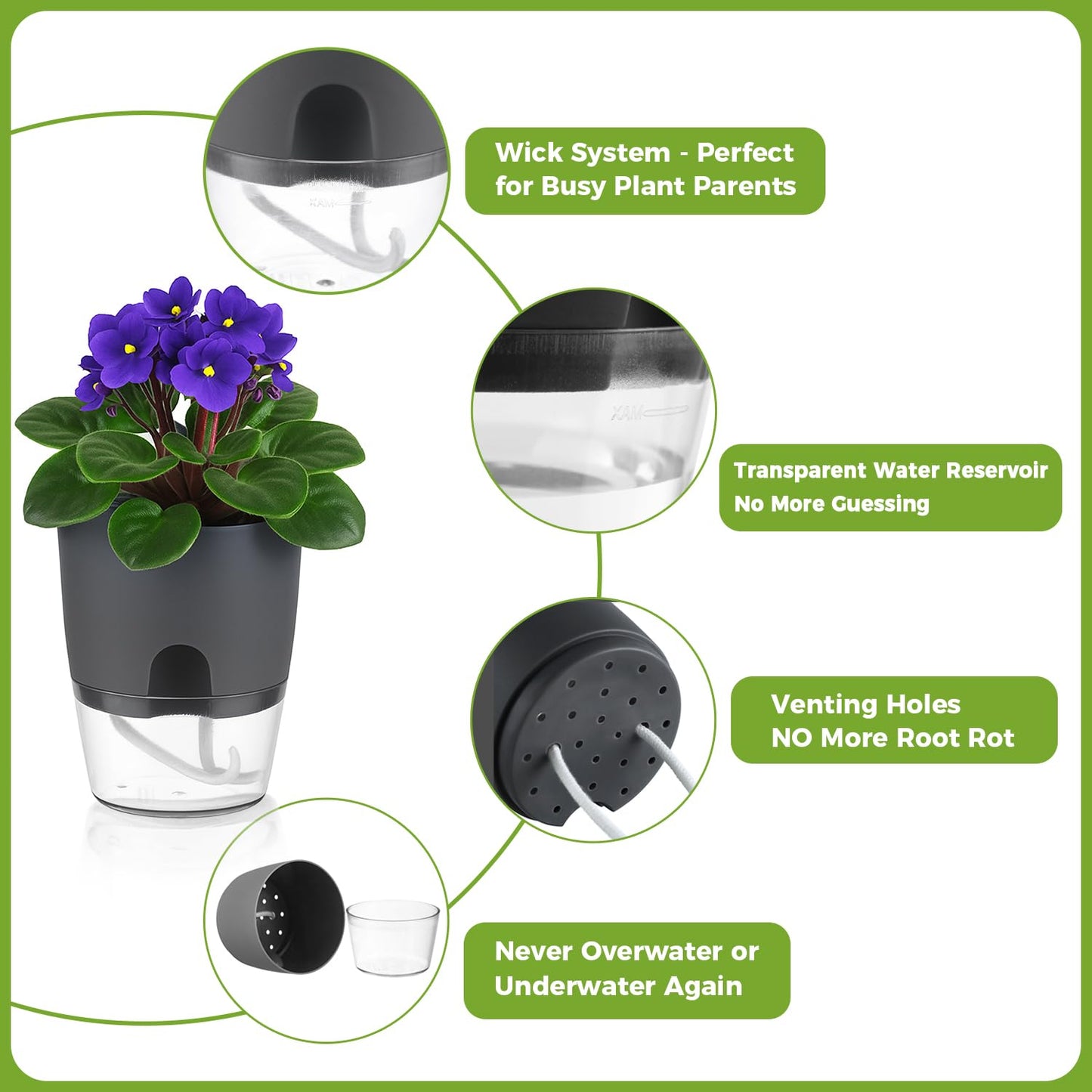 5 Pack Self Watering Pots for Indoor Plants, PlanterHoma 4 Inch Plant Pot Plastic Self Watering Planter for Orchid, African Violet, Small Clear Flower Pots with Drainage Holes and Wicking Rope, Grey