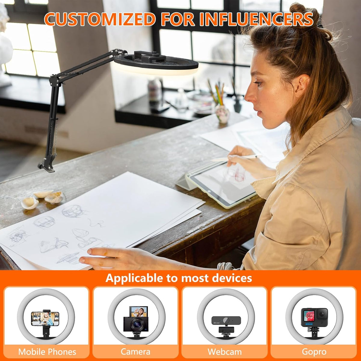 Overhead Phone Mount with Ring Light, 10’’ LED Selfie Light for Desk,with Stand and Phone Holder for iPhone and Camera,Overhead Tripod for Video Recording, Live Streaming, Zoom Meeting