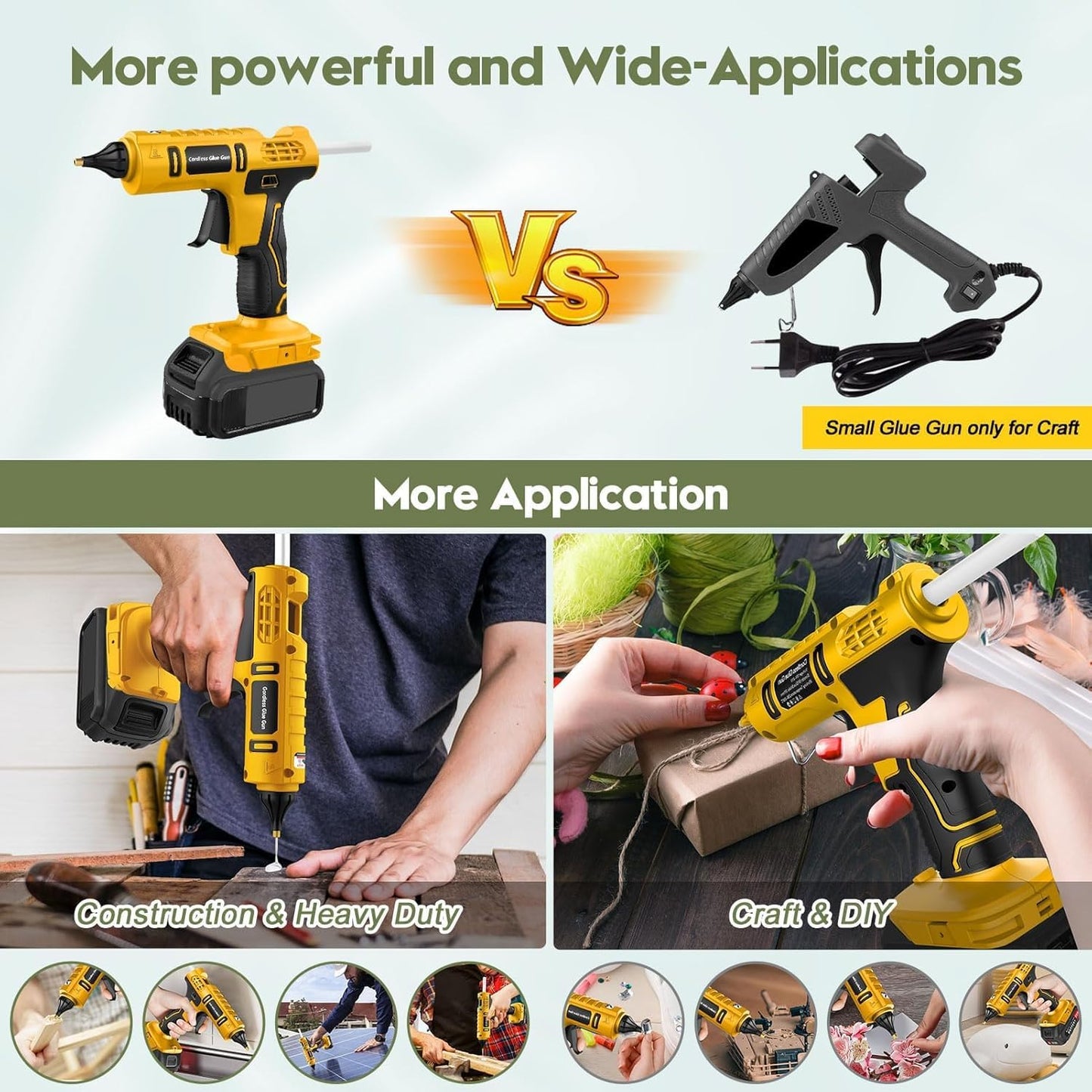 Cordless Hot Glue Gun for DeWalt 20V Battery Powered, 100W Full Size Glue Gun Cordless & Rechargeable, Wireless Battery Powered Hot Glue Gun and Sticks Set with 12pcs 0.43'' Glue Sticks (Yellow)