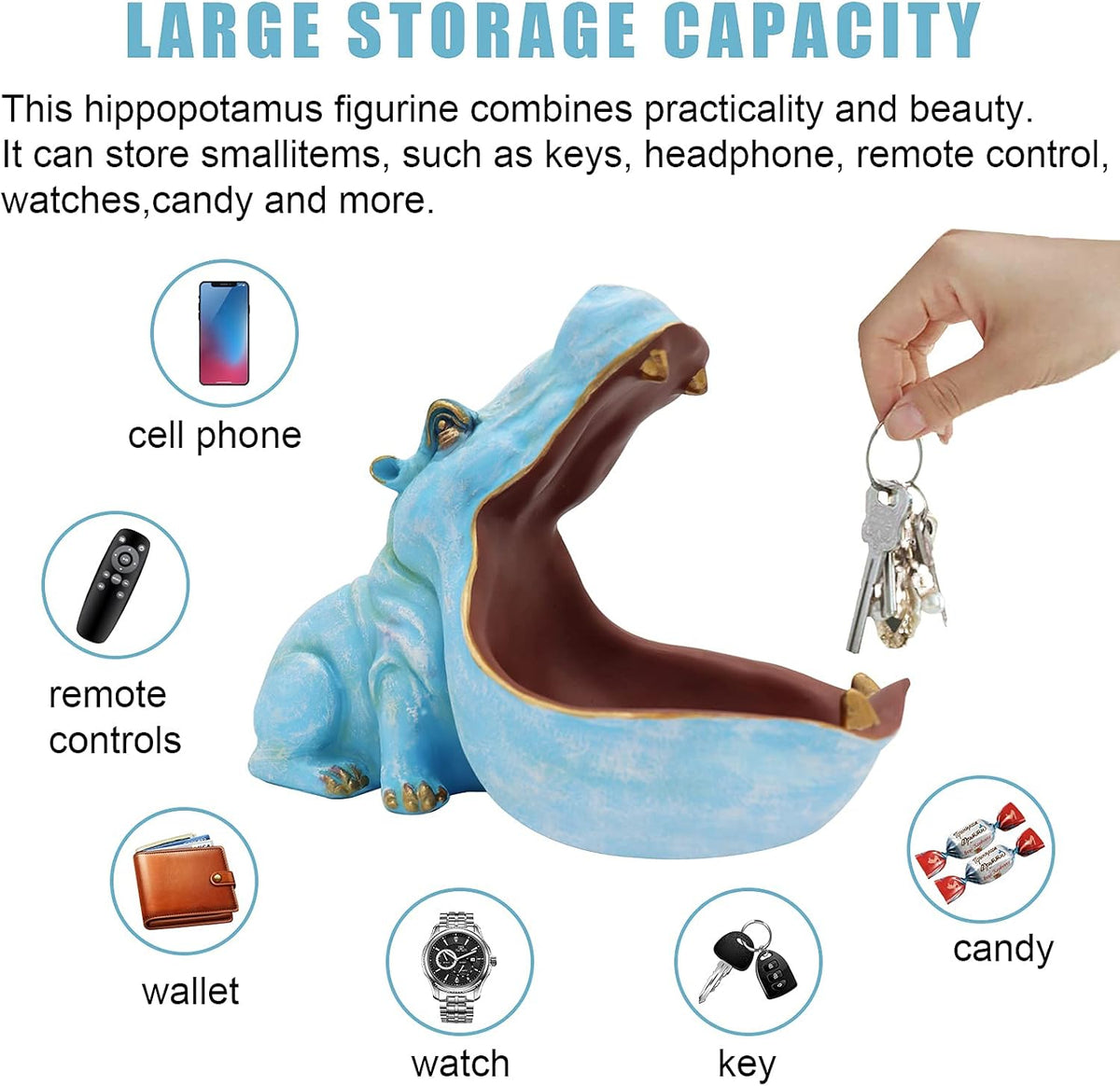 aboxoo Hippo Statue Home Resin Hippopotamus Figurine fun candy dish,Key bowl,big mouth Sculpture Table Art Decoration Sundries Container Storage Box (Light Blue)