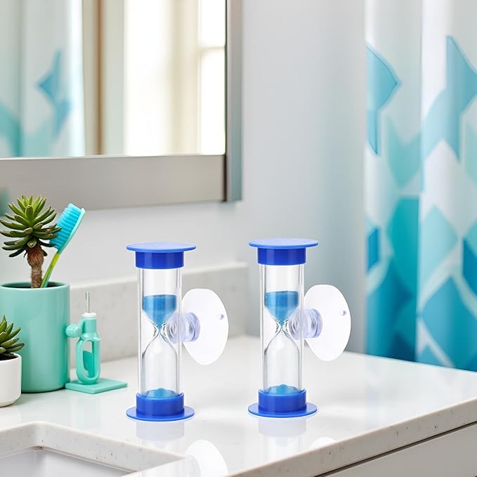 2Pcs Blue Toothbrush Timer for 2mins Sand Clock Timer 2 Minute Sand Timer, Plastic Suction Cup Hourglass Sandglass Desktop Ornament Party Favors