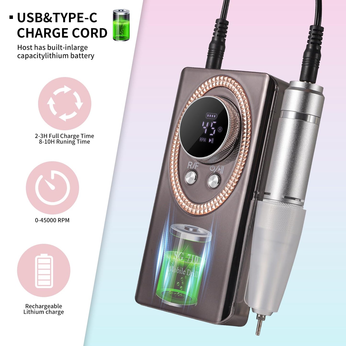 Electric Nail File for Acrylic Nail Kit 45000RPM Electric Black Nail Drill Professional Manicure Pedicure Set with Nail Drill Kit Bits Efile Cordless for Manicure