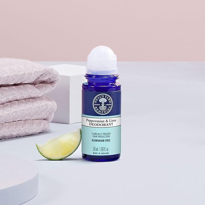 Neal's Yard Roll on Deodorant, 24-Hour Odor Guard, Moisture-Absorbing Bamboo Powder & Cleansing Shikimic Acid, Aluminum-Free, Peppermint & Lime, 50mL