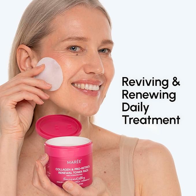 MAREE Collagen Toner Polishes - Toner Pad with Retinol - Minimizing Wrinkle Zero Pore Pads - Hydrating Toning Collagen Ampoule Pad with Retinol & Centella - Anti Aging Brightening Wipes