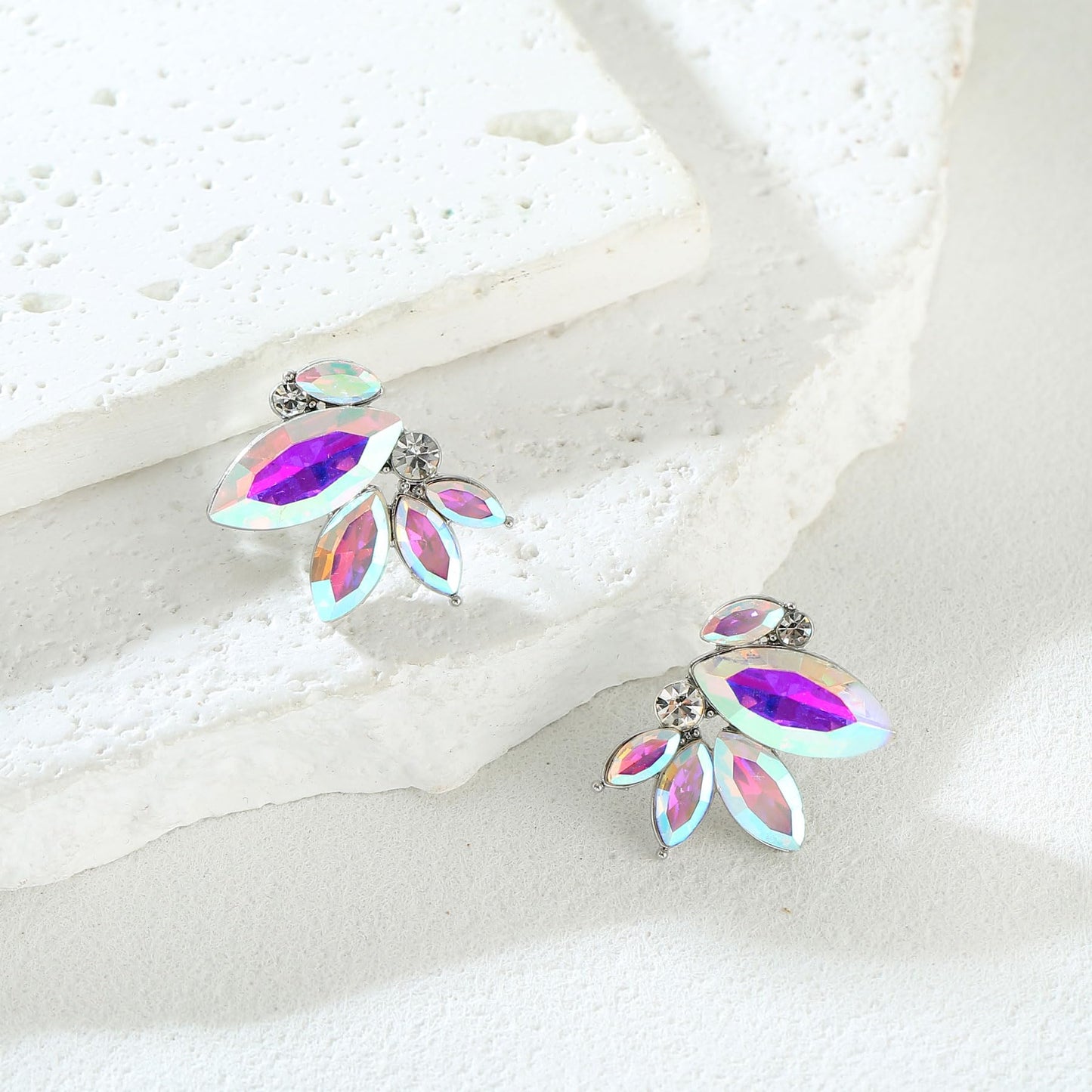 Iridescent Rhinestone Drop Earring Sparkly Wedding Earrings for Women Prom Party AB Faux Crystal Stud Earrings Silver-Tone