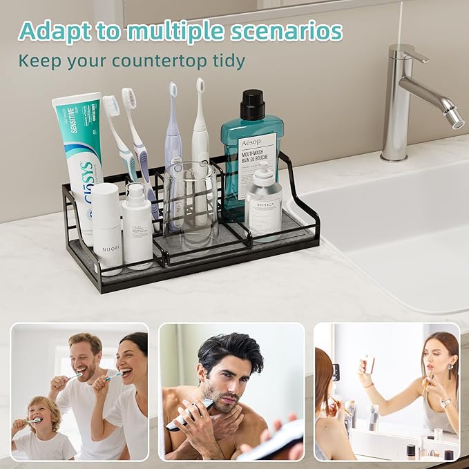 Toothbrush Holders, Bathroom Organizers and Storage with with Instant Drying Stone, 6 Slots Bathroom Accessories with Adjustable Toothpaste Holders, Bathroom Counter Organizer, Black