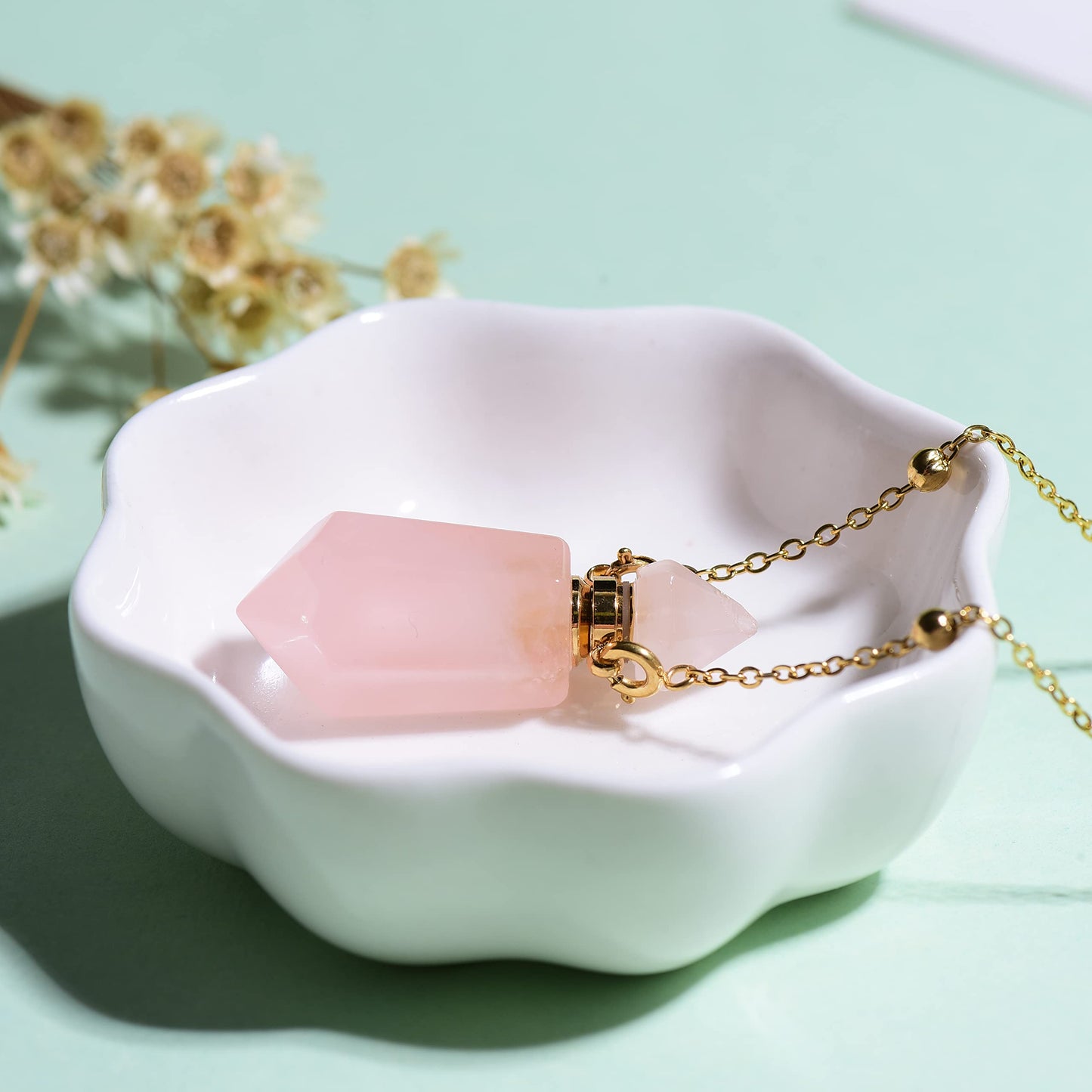 QIQIXIN Rose Quartz Perfume Bottle Necklace Aromatherapy Necklace Hexagonal Pointed Essential Oil Diffuser Necklace for Women Vial Necklace (rose quartz)