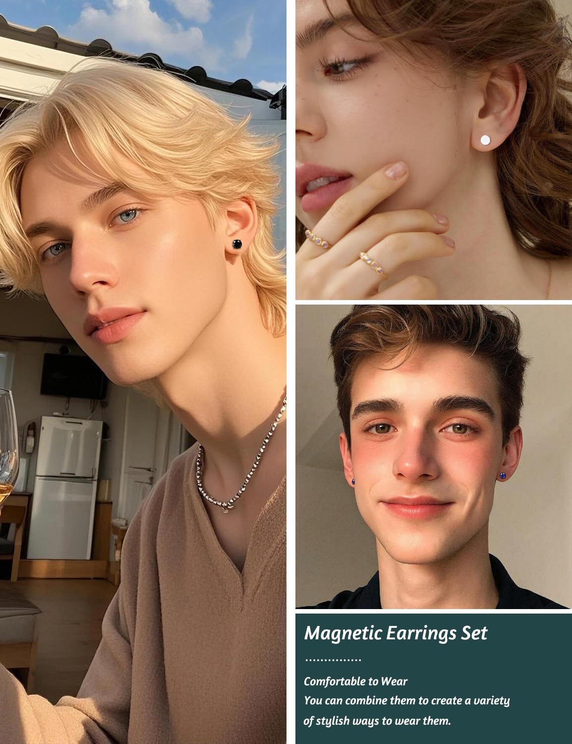 SIISPRI 4 Pairs Stainless Steel Magnetic Stud Earrings for Men Women Hypoallergenic Inlaid Cubic Zirconia Unisex Non-Piercing Clip On Stud Diamond Earrings Set