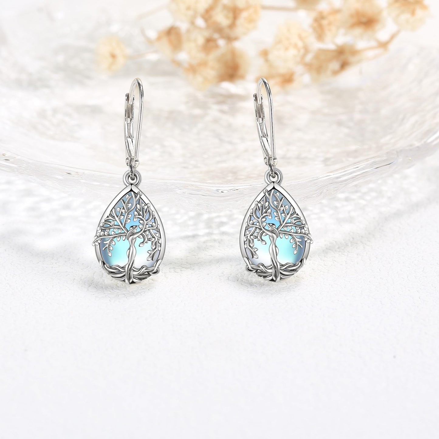 ONEFINITY Tree of Life Earrings Sterling Silver Moonstone Tree of Life Dangle Drop Earrings Teardrop Moonstone Jewelry for Women