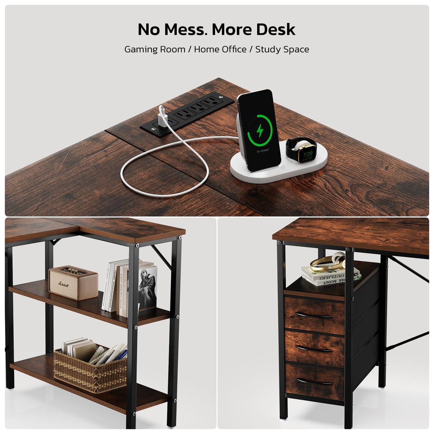 Simple Deluxe L Shaped Gaming Desk with Power Outlets, 47 Inch Computer Desk with 3 Drawers, Shelves, Corner Computer Desk for Gaming, Corner Work, Home Office, Study, Rustic Brown